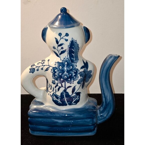 Blue & White Delft Style Ceramic Monkey Teapot With Floral Design & Lid - Picture 5 of 10